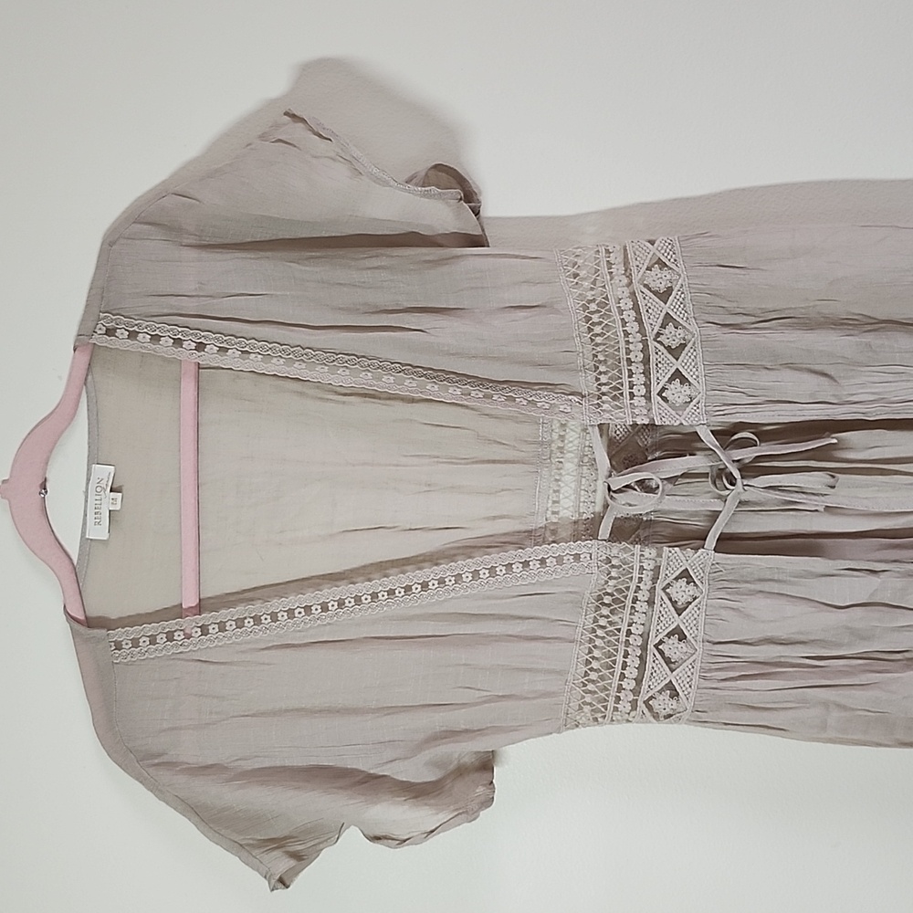 Rebellion Kimono Bohemian Beige Maxi Dress Swim Coverup Summer Duster Waist Tie - Picture 2 of 9